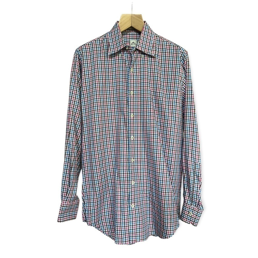 Peter Millar Men’s Pink Brown Blue Plaid Button Front Long Sleeve Shirt, Medium